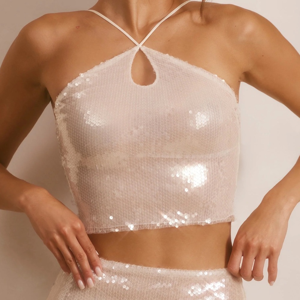 NWT Oh Polly Sheer Sequin Keyhole Cutout Halter Neck Crop Top, White Size 6